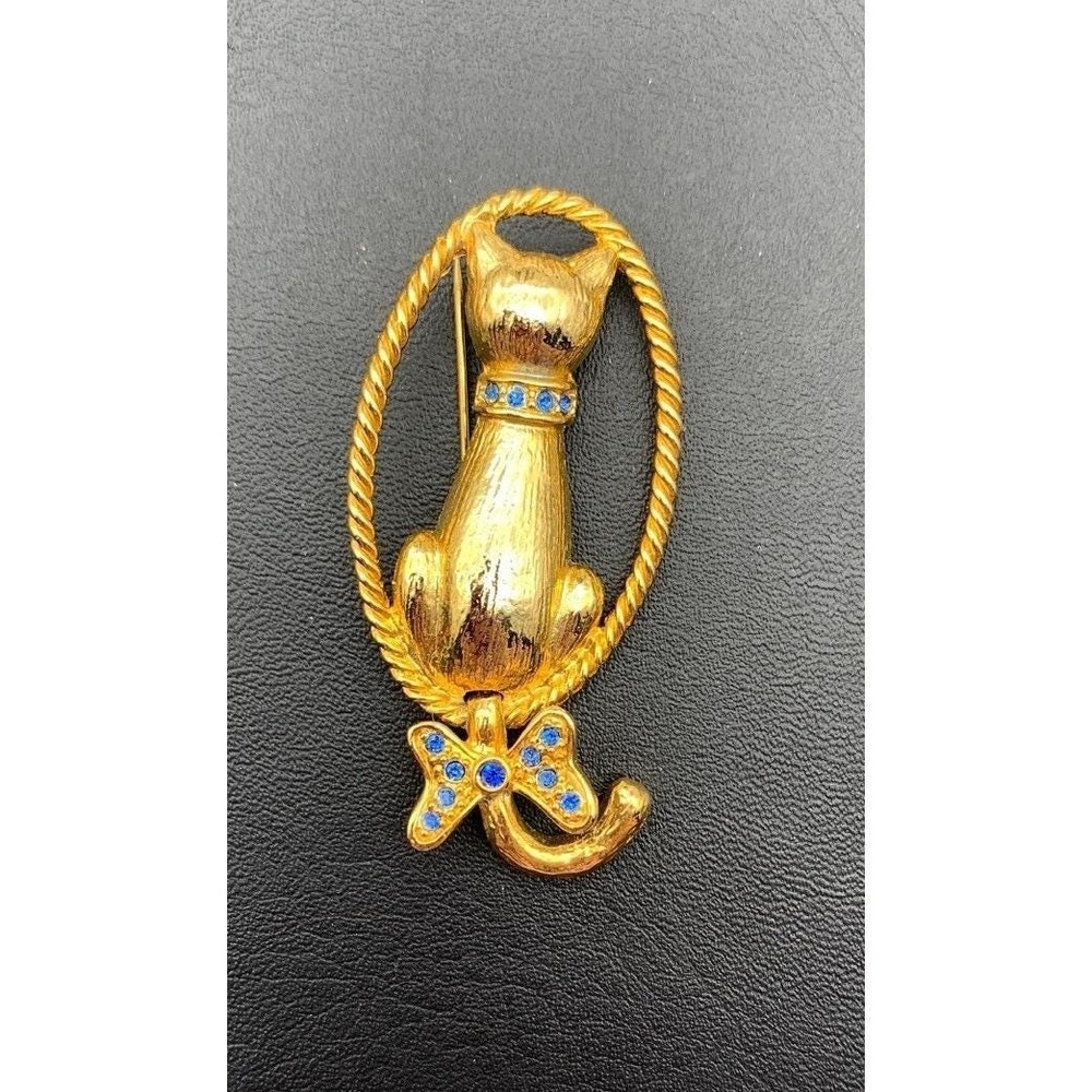 Vintage AAI Gold Tone Cat Brooch Articulated Moving Tail Kitten Blue Rhinestone
